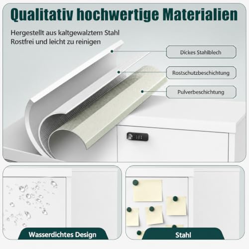 Aktenschrank Abschließbar, Metallschrank Klein, Büroschrank mit Kombinationsschloss,Mehrzweckschrank mit 2 Verstellbare Regale, Werkzeugschrank für Garage, Büro, Wohnzimmer, 90 x 80 x 40 cm, Weiß