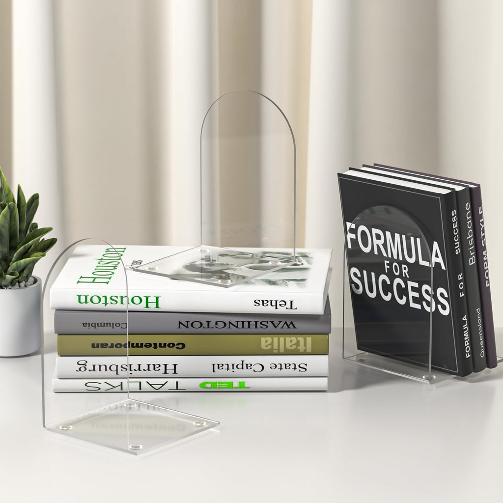 Acryl Buchstützen, 4 Stück für Regale, Bücherregale und Schreibtisch-Organizer - Klare, Transparente Stützen für Bücher und Heimbürobedarf