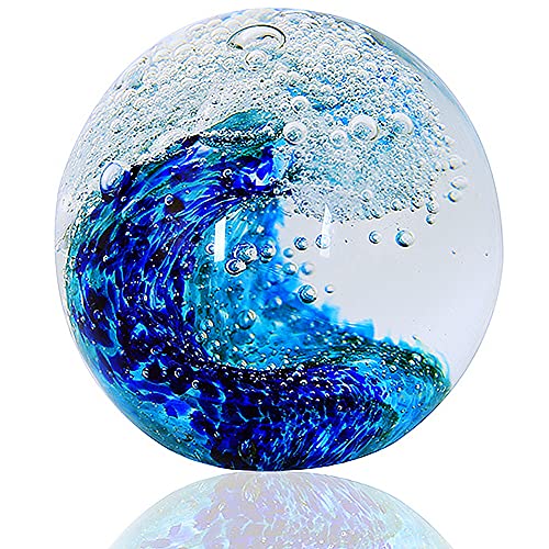 EUSTUMA Handgeblasene Glasfiguren, Kugel, Ozeanwellen, Büro-Briefbeschwerer, Glas für Schreibtisch, Dekoration, Sammlerstück, Aquarium-Dekoration, Bürodekoration