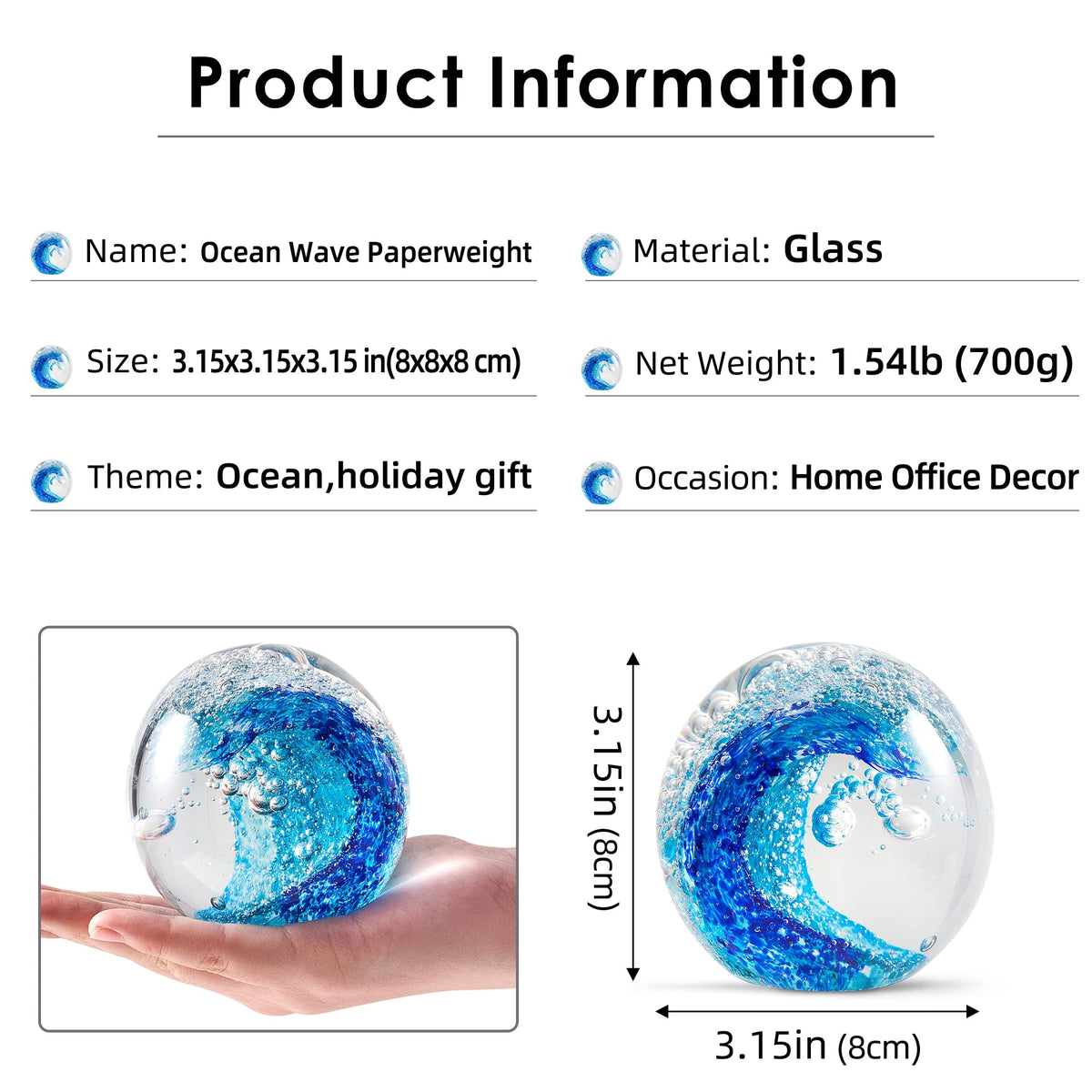 EUSTUMA Handgeblasene Glasfiguren, Kugel, Ozeanwellen, Büro-Briefbeschwerer, Glas für Schreibtisch, Dekoration, Sammlerstück, Aquarium-Dekoration, Bürodekoration