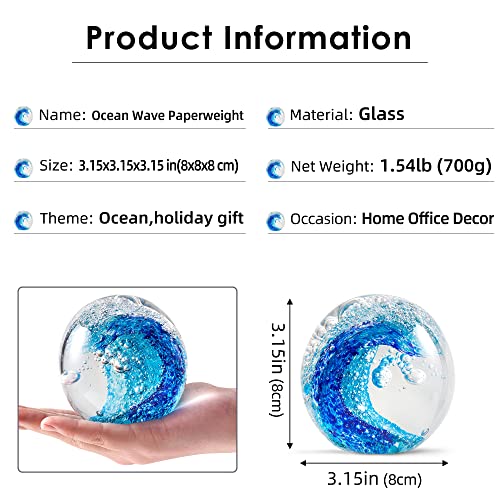 EUSTUMA Handgeblasene Glasfiguren, Kugel, Ozeanwellen, Büro-Briefbeschwerer, Glas für Schreibtisch, Dekoration, Sammlerstück, Aquarium-Dekoration, Bürodekoration