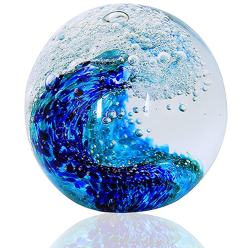 EUSTUMA Handgeblasene Glasfiguren, Kugel, Ozeanwellen, Büro-Briefbeschwerer, Glas für Schreibtisch, Dekoration, Sammlerstück, Aquarium-Dekoration, Bürodekoration