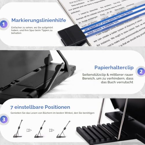 Schreibtisch-dokumentenhalter Konzepthalter, Schreibtisch-bücherständer, 7 Verstellbare Positionen, Metall Material, mit Verstellbar Clip, für Lehrbuch Kochbuch Musikbuch Dokument Lesen (Schwarz)