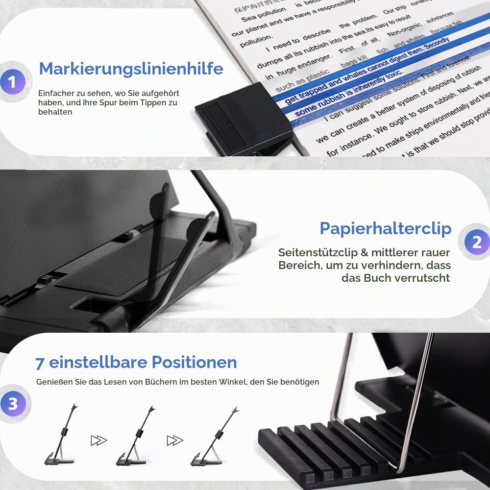 Schreibtisch-dokumentenhalter Konzepthalter, Schreibtisch-bücherständer, 7 Verstellbare Positionen, Metall Material, mit Verstellbar Clip, für Lehrbuch Kochbuch Musikbuch Dokument Lesen (Schwarz)