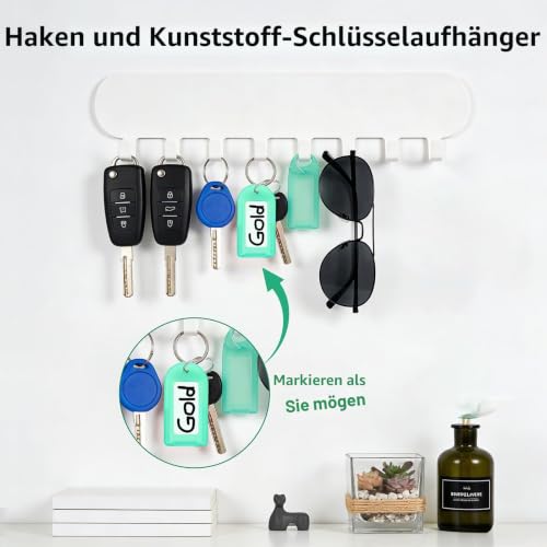 2 Stück Schlüsselbrett ohne Bohren mit je 8 Haken, Selbstklebender Schlüsselhalter & Schlüsselboard mit 10 Etiketten, Schlüsselhaken Key Holder Wandmontage (Weiß)