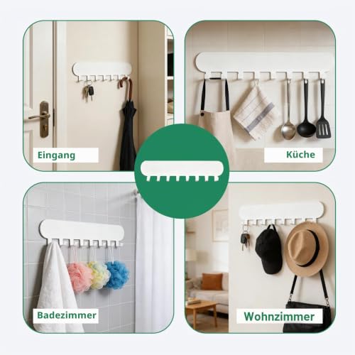 2 Stück Schlüsselbrett ohne Bohren mit je 8 Haken, Selbstklebender Schlüsselhalter & Schlüsselboard mit 10 Etiketten, Schlüsselhaken Key Holder Wandmontage (Weiß)