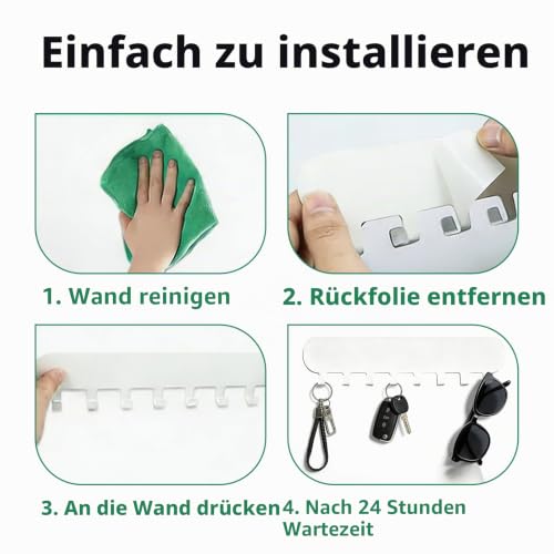 2 Stück Schlüsselbrett ohne Bohren mit je 8 Haken, Selbstklebender Schlüsselhalter & Schlüsselboard mit 10 Etiketten, Schlüsselhaken Key Holder Wandmontage (Weiß)
