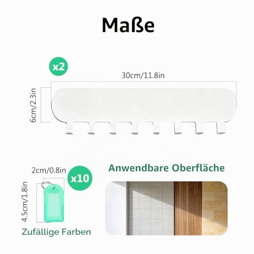 2 Stück Schlüsselbrett ohne Bohren mit je 8 Haken, Selbstklebender Schlüsselhalter & Schlüsselboard mit 10 Etiketten, Schlüsselhaken Key Holder Wandmontage (Weiß)