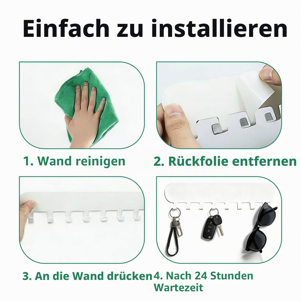 2 Stück Schlüsselbrett ohne Bohren mit je 8 Haken, Selbstklebender Schlüsselhalter & Schlüsselboard mit 10 Etiketten, Schlüsselhaken Key Holder Wandmontage (Weiß)
