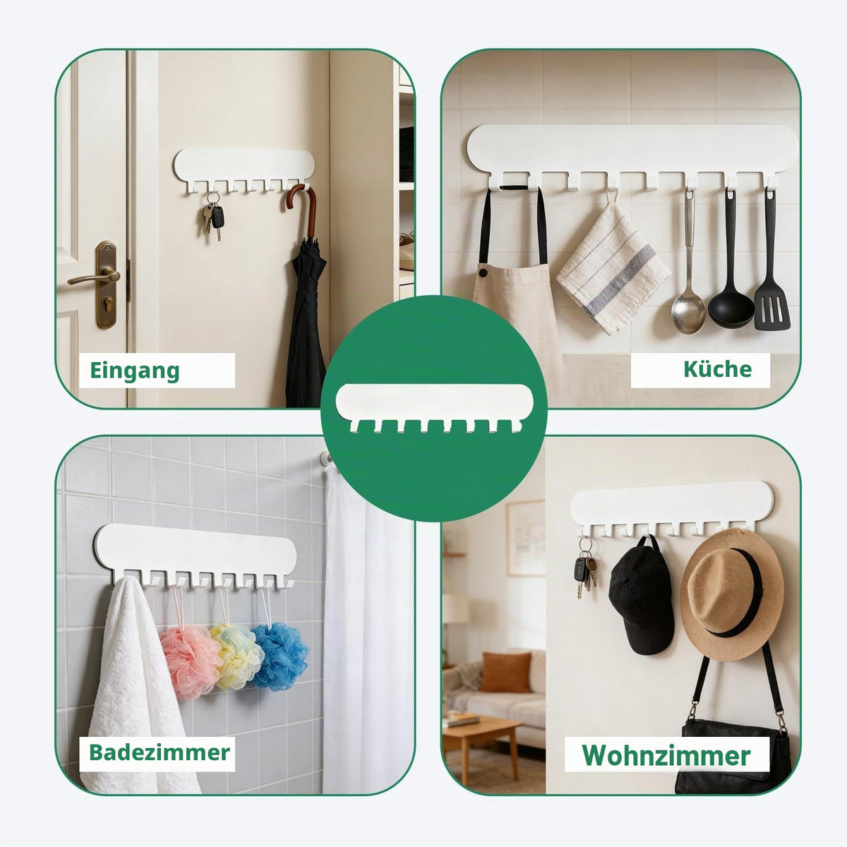 2 Stück Schlüsselbrett ohne Bohren mit je 8 Haken, Selbstklebender Schlüsselhalter & Schlüsselboard mit 10 Etiketten, Schlüsselhaken Key Holder Wandmontage (Weiß)