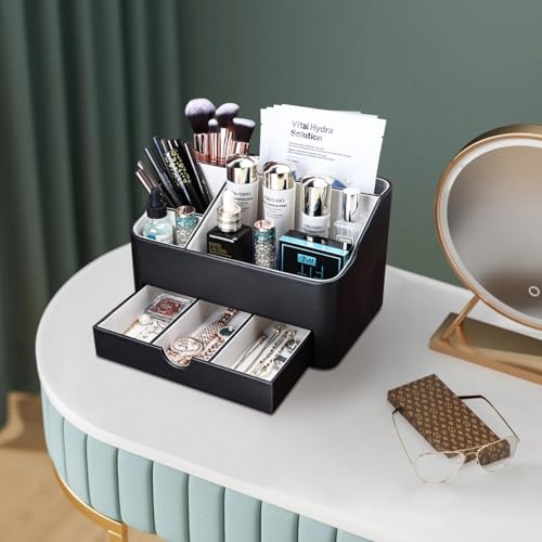 KINGFOM Büro Schreibtisch Organizer Mit 5 Fächern & Schubladen, Multifunktionales Ordnungssystem - Stiftehalter für Schreibtisch Organisation in Büro, Zuhause, Schule (Schwarz)