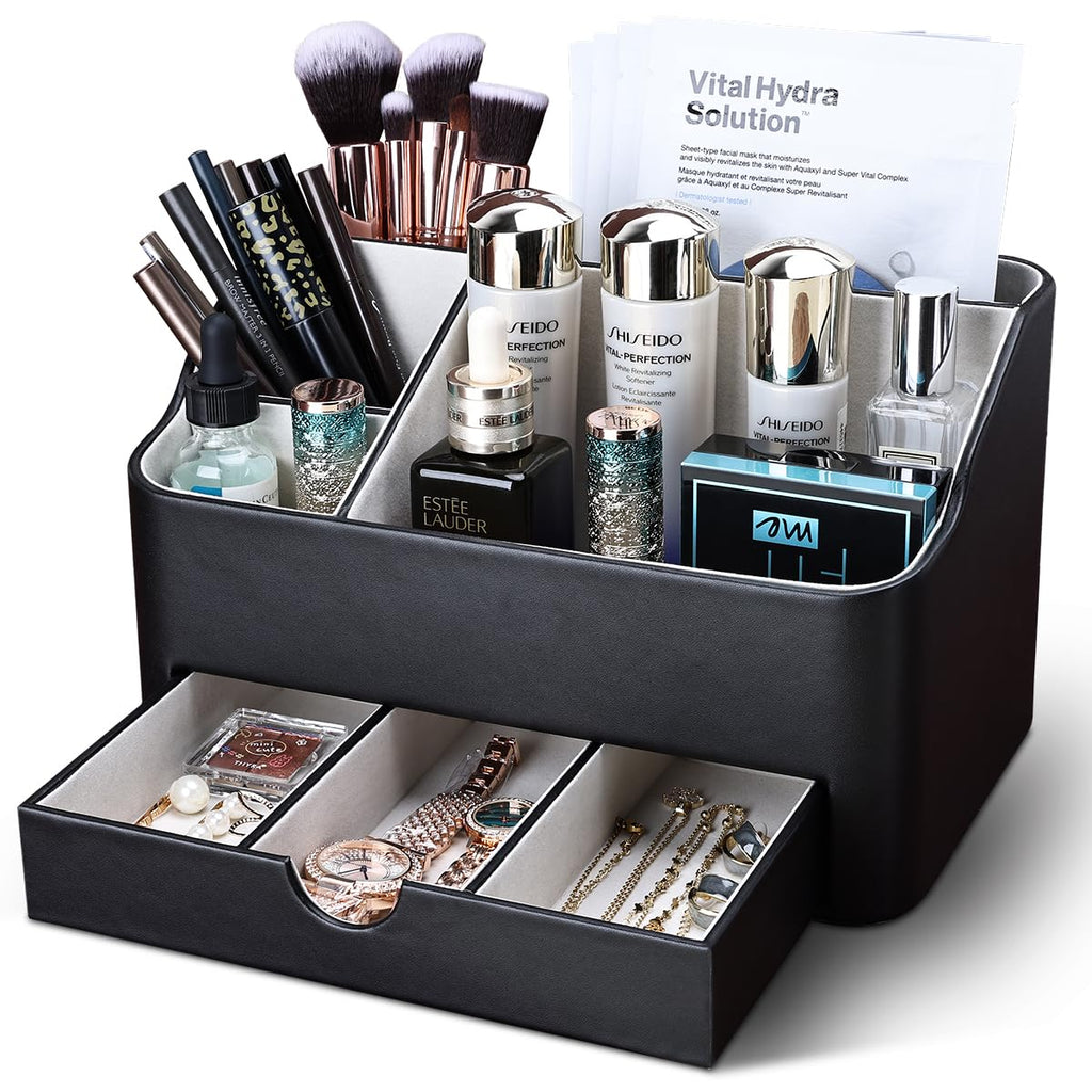 KINGFOM Büro Schreibtisch Organizer Mit 5 Fächern & Schubladen, Multifunktionales Ordnungssystem - Stiftehalter für Schreibtisch Organisation in Büro, Zuhause, Schule (Schwarz)