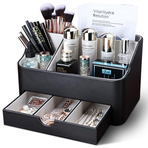 KINGFOM Büro Schreibtisch Organizer Mit 5 Fächern & Schubladen, Multifunktionales Ordnungssystem - Stiftehalter für Schreibtisch Organisation in Büro, Zuhause, Schule (Schwarz)