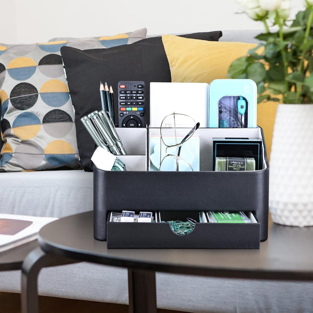 KINGFOM Büro Schreibtisch Organizer Mit 5 Fächern & Schubladen, Multifunktionales Ordnungssystem - Stiftehalter für Schreibtisch Organisation in Büro, Zuhause, Schule (Schwarz)