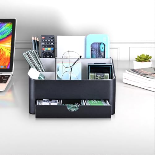 KINGFOM Büro Schreibtisch Organizer Mit 5 Fächern & Schubladen, Multifunktionales Ordnungssystem - Stiftehalter für Schreibtisch Organisation in Büro, Zuhause, Schule (Schwarz)