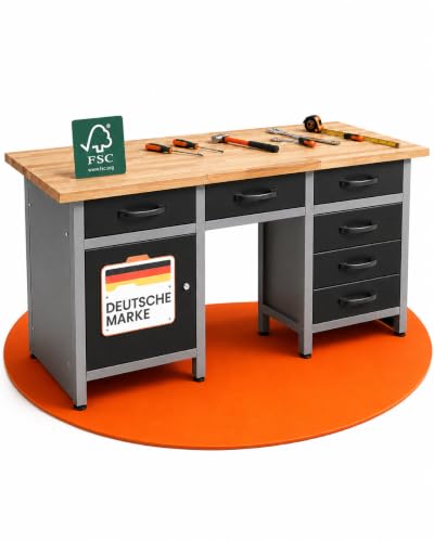 Ondis24 Werkbank 160 cm breit mit 6 kugelgelagerten Schubladen und Sitzplatzöffnung in der Mitte, Staufach mit großer abschließbarer Tür, Werktisch Montagewerkbank Werkstatttisch