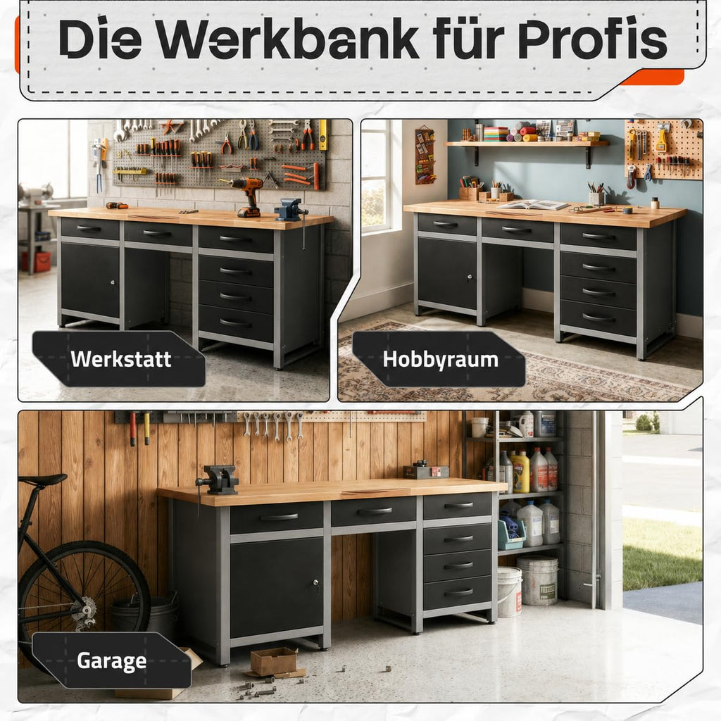 Ondis24 Werkbank 160 cm breit mit 6 kugelgelagerten Schubladen und Sitzplatzöffnung in der Mitte, Staufach mit großer abschließbarer Tür, Werktisch Montagewerkbank Werkstatttisch