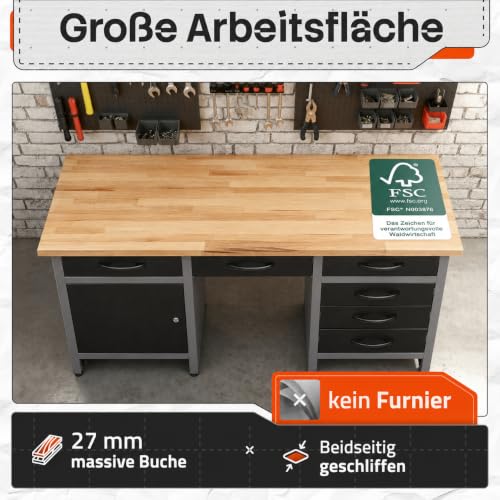 Ondis24 Werkbank 160 cm breit mit 6 kugelgelagerten Schubladen und Sitzplatzöffnung in der Mitte, Staufach mit großer abschließbarer Tür, Werktisch Montagewerkbank Werkstatttisch