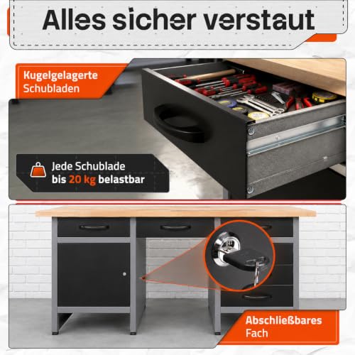 Ondis24 Werkbank 160 cm breit mit 6 kugelgelagerten Schubladen und Sitzplatzöffnung in der Mitte, Staufach mit großer abschließbarer Tür, Werktisch Montagewerkbank Werkstatttisch