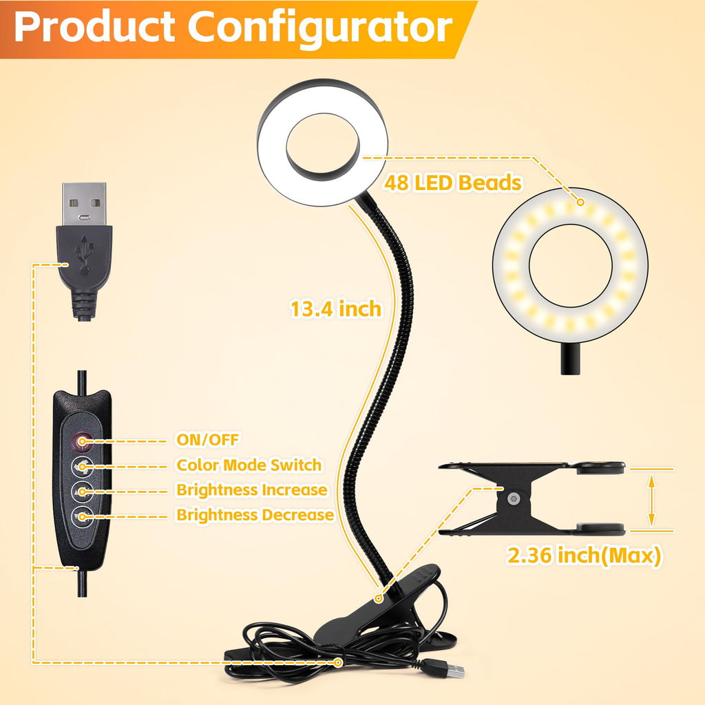 Foneso Klemme Lampe,48 LEDs Dimmbare Leselampe Bett(Schwarz)