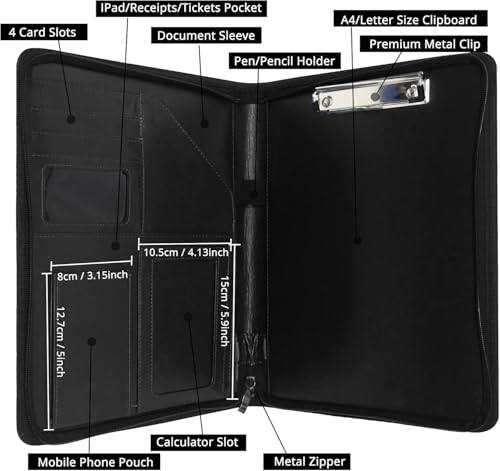 GraduationMall Schreibmappe A4 Reißverschluss, Klemmbrett Business Mappe Konferenzmappe, Dokumentenmappe Leder, Portfolio Padfolio Schwarz