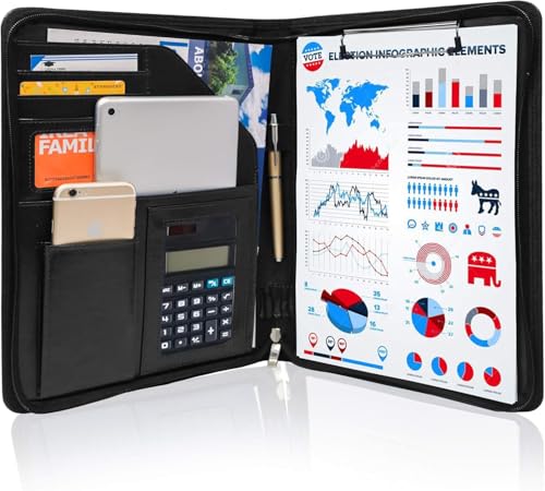 GraduationMall Schreibmappe A4 Reißverschluss, Klemmbrett Business Mappe Konferenzmappe, Dokumentenmappe Leder, Portfolio Padfolio Schwarz