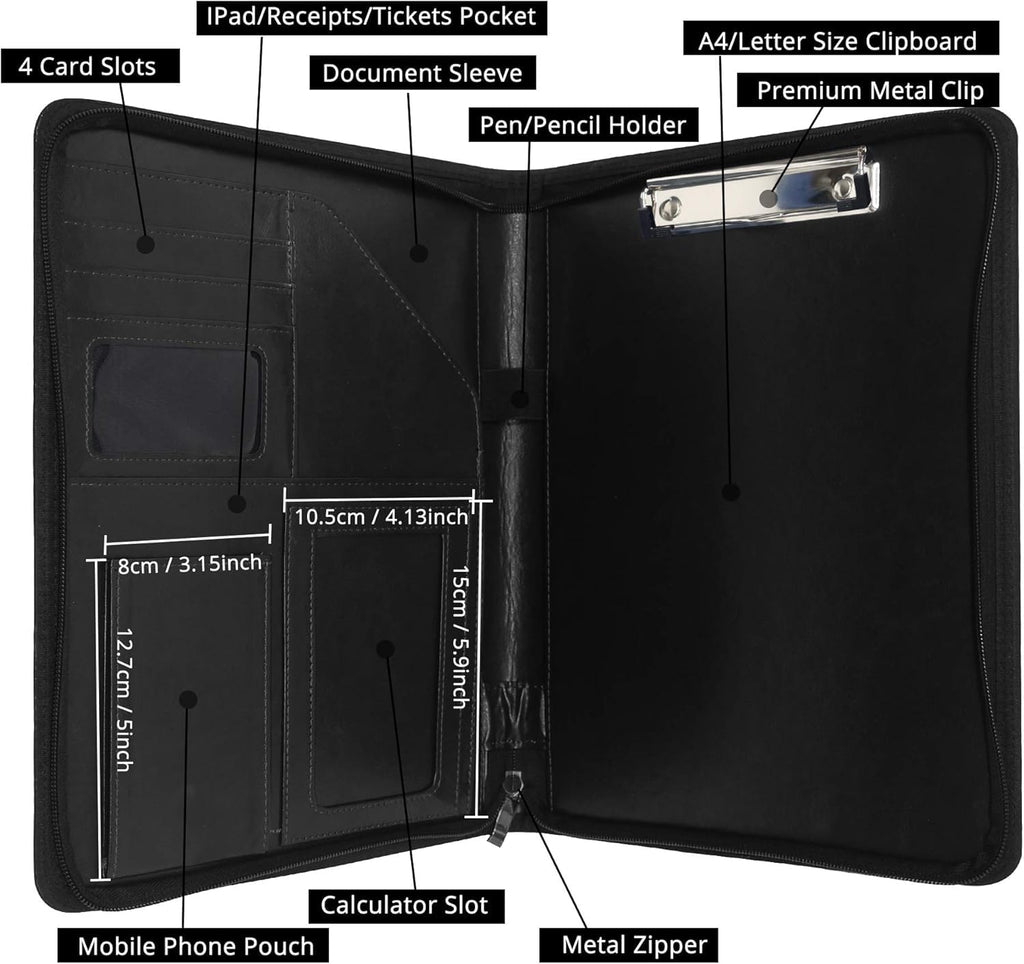 GraduationMall Schreibmappe A4 Reißverschluss, Klemmbrett Business Mappe Konferenzmappe, Dokumentenmappe Leder, Portfolio Padfolio Schwarz