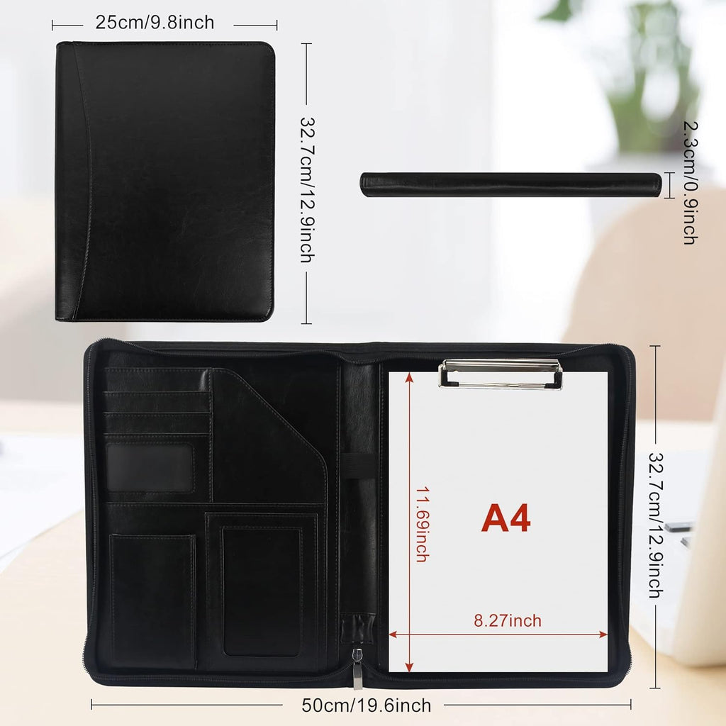 GraduationMall Schreibmappe A4 Reißverschluss, Klemmbrett Business Mappe Konferenzmappe, Dokumentenmappe Leder, Portfolio Padfolio Schwarz