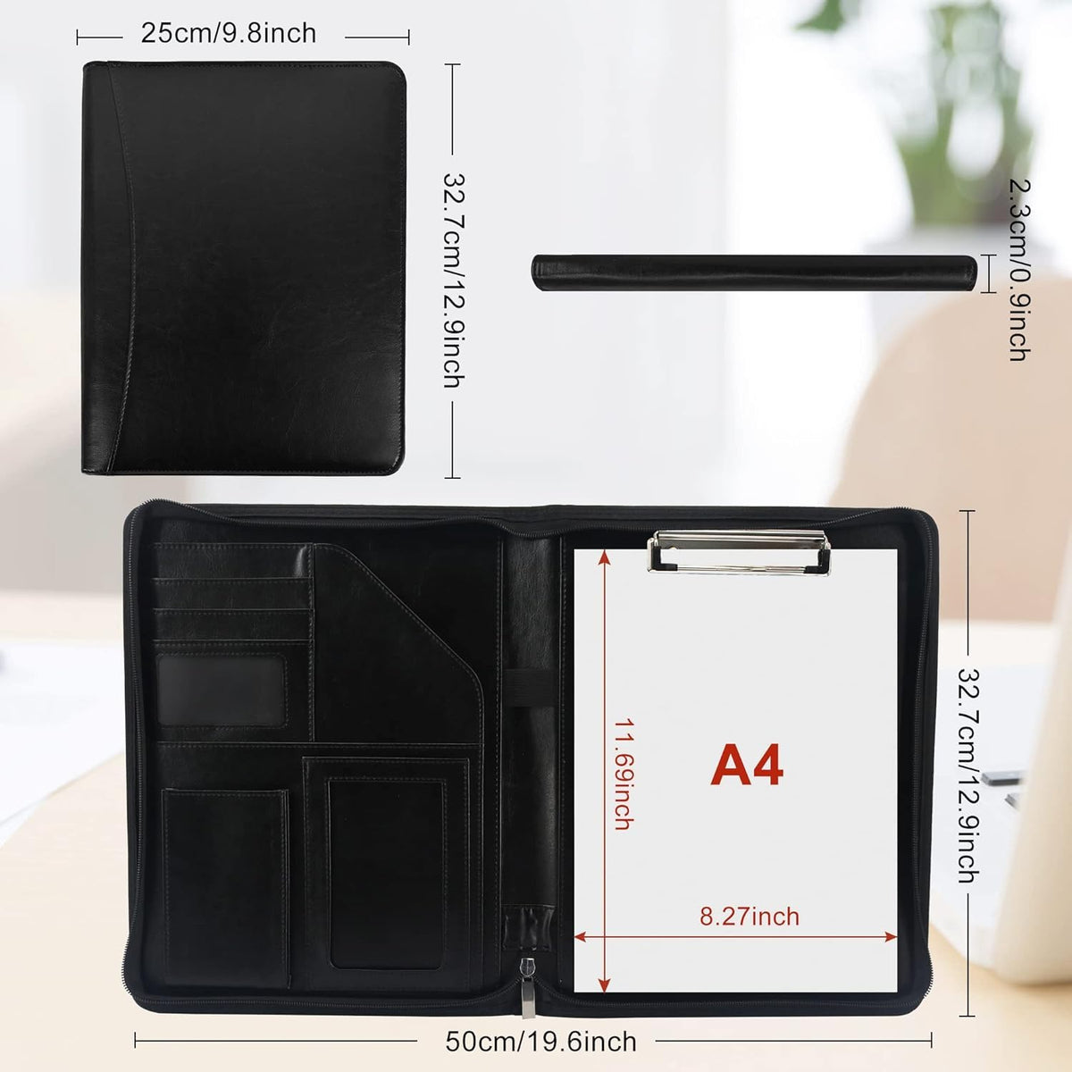 GraduationMall Schreibmappe A4 Reißverschluss, Klemmbrett Business Mappe Konferenzmappe, Dokumentenmappe Leder, Portfolio Padfolio Schwarz