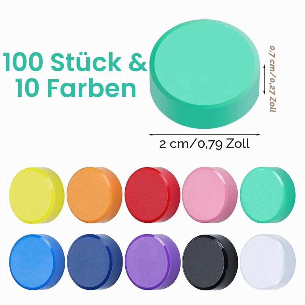 100 Pcs Starke Magnete für Magnettafel,Bunt Tafelmagnete 10 Farben 2X0.7cm