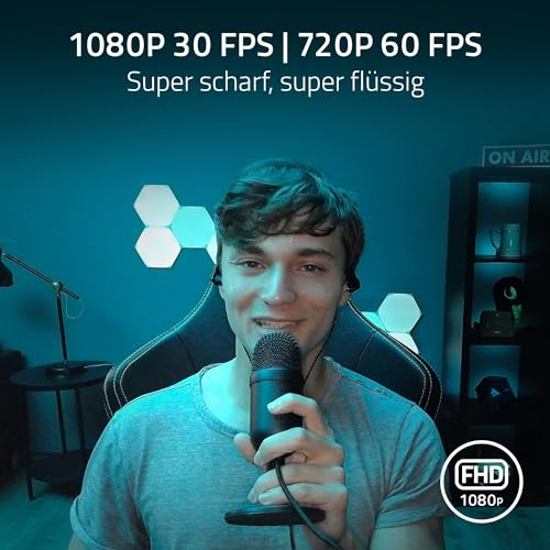 Razer Kiyo - Streaming-Kamera mit Ring-Beleuchtung (USB Webcam, HD-Video 720p, 60 FPS, kompatibel mit Open Broadcaster Sofware, Xsplit, Autofokus, Kamera-Clip, Stativ-Anschluss)