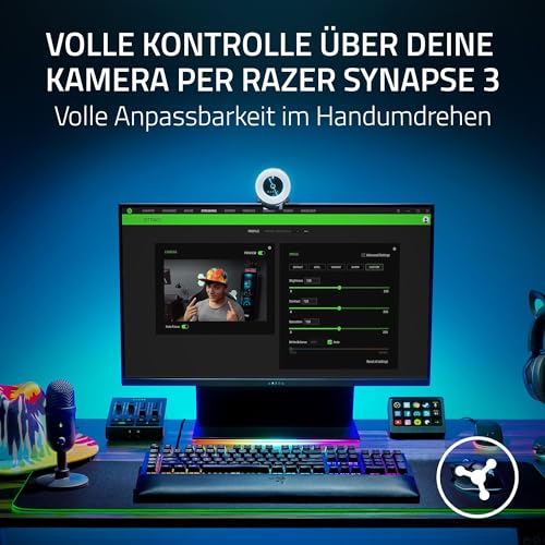 Razer Kiyo - Streaming-Kamera mit Ring-Beleuchtung (USB Webcam, HD-Video 720p, 60 FPS, kompatibel mit Open Broadcaster Sofware, Xsplit, Autofokus, Kamera-Clip, Stativ-Anschluss)