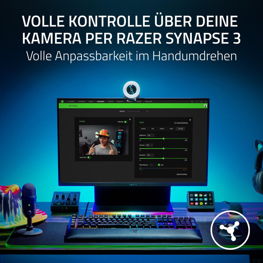Razer Kiyo - Streaming-Kamera mit Ring-Beleuchtung (USB Webcam, HD-Video 720p, 60 FPS, kompatibel mit Open Broadcaster Sofware, Xsplit, Autofokus, Kamera-Clip, Stativ-Anschluss)
