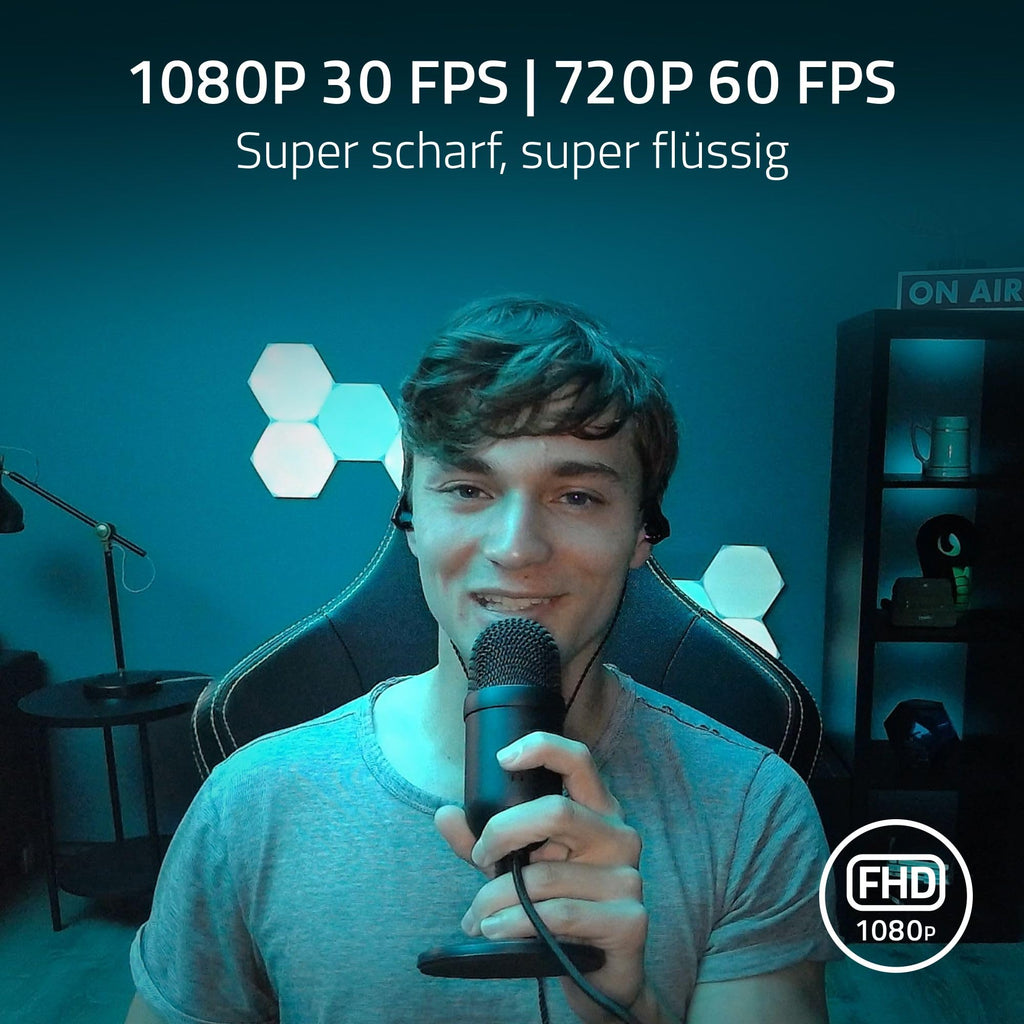 Razer Kiyo - Streaming-Kamera mit Ring-Beleuchtung (USB Webcam, HD-Video 720p, 60 FPS, kompatibel mit Open Broadcaster Sofware, Xsplit, Autofokus, Kamera-Clip, Stativ-Anschluss)