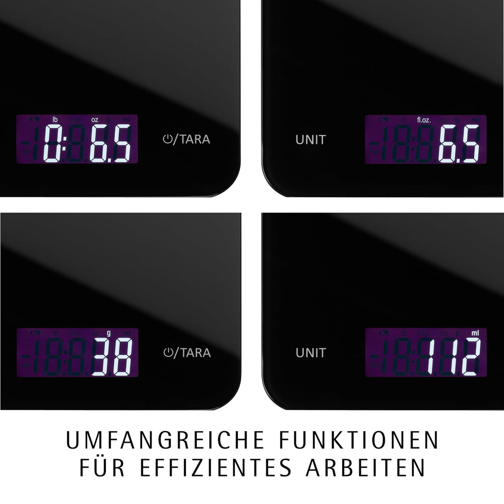 WMF Digitale Küchenwaage schwarz 23 x 15 x 2 cm, Backwaage, Haushaltswaage, Küchenwaage digital, Sicherheitsglas, grammgenau, Tara-Funktion, 5kg Maximalgewicht, schwarz