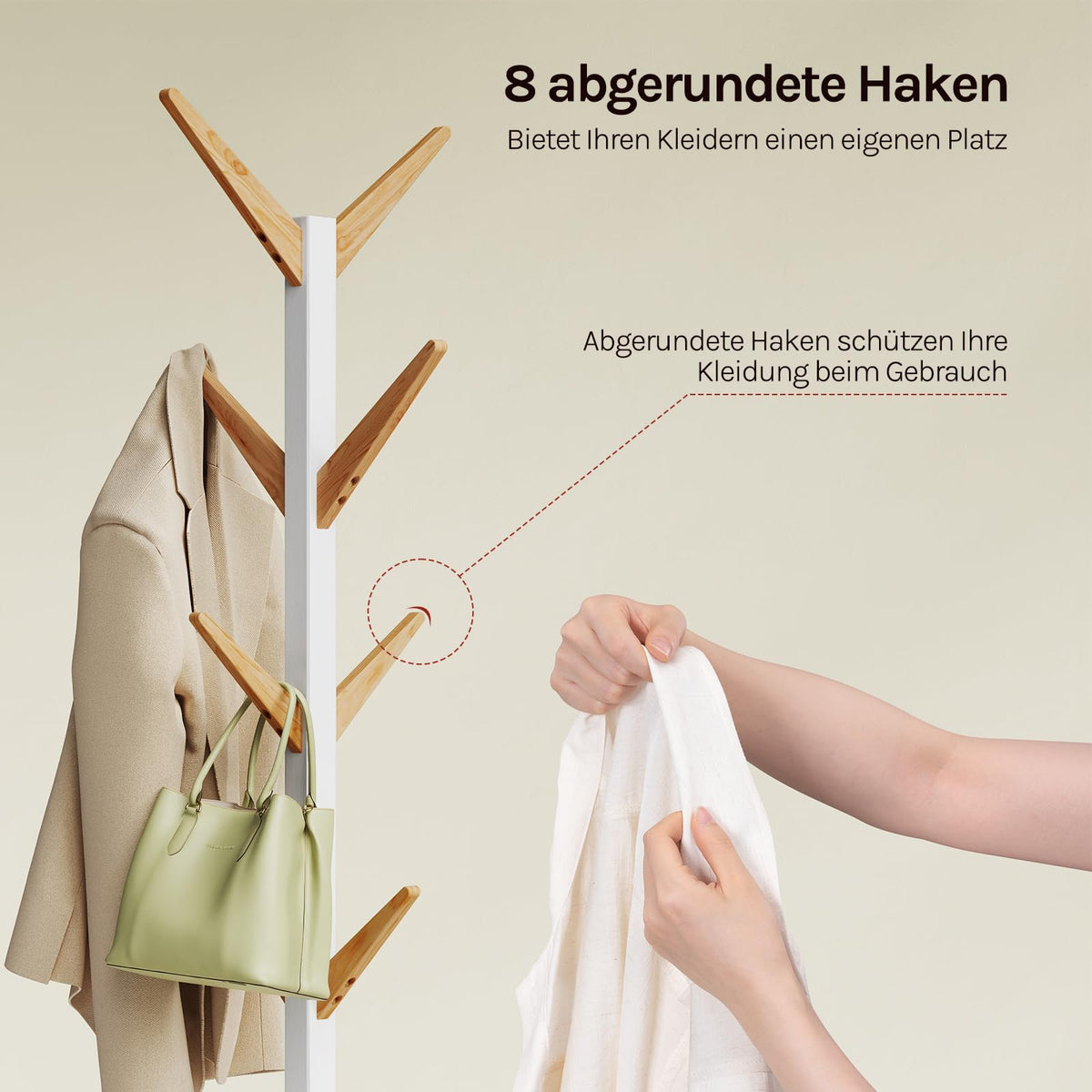 WOLTU Kleiderständer mit 8 Haken, Garderobenständer aus Massive Holz, Baumförmige Garderobe, Hängeregal Wäscheständer Gestell Aufhänger, 180 cm Höhe, Weiß + Natur