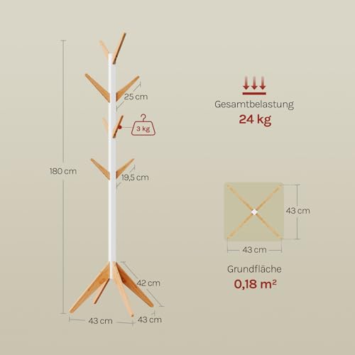 WOLTU Kleiderständer mit 8 Haken, Garderobenständer aus Massive Holz, Baumförmige Garderobe, Hängeregal Wäscheständer Gestell Aufhänger, 180 cm Höhe, Weiß + Natur