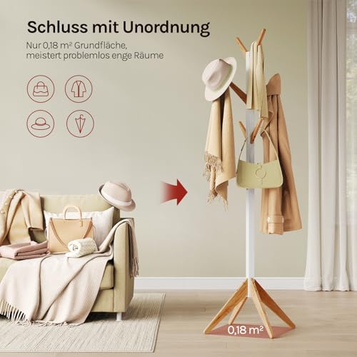 WOLTU Kleiderständer mit 8 Haken, Garderobenständer aus Massive Holz, Baumförmige Garderobe, Hängeregal Wäscheständer Gestell Aufhänger, 180 cm Höhe, Weiß + Natur