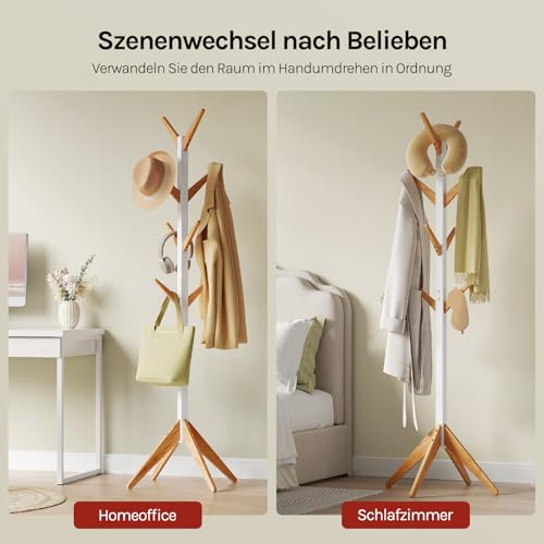 WOLTU Kleiderständer mit 8 Haken, Garderobenständer aus Massive Holz, Baumförmige Garderobe, Hängeregal Wäscheständer Gestell Aufhänger, 180 cm Höhe, Weiß + Natur