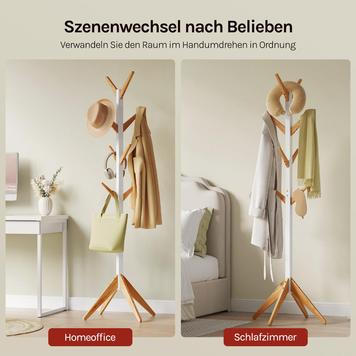 WOLTU Kleiderständer mit 8 Haken, Garderobenständer aus Massive Holz, Baumförmige Garderobe, Hängeregal Wäscheständer Gestell Aufhänger, 180 cm Höhe, Weiß + Natur