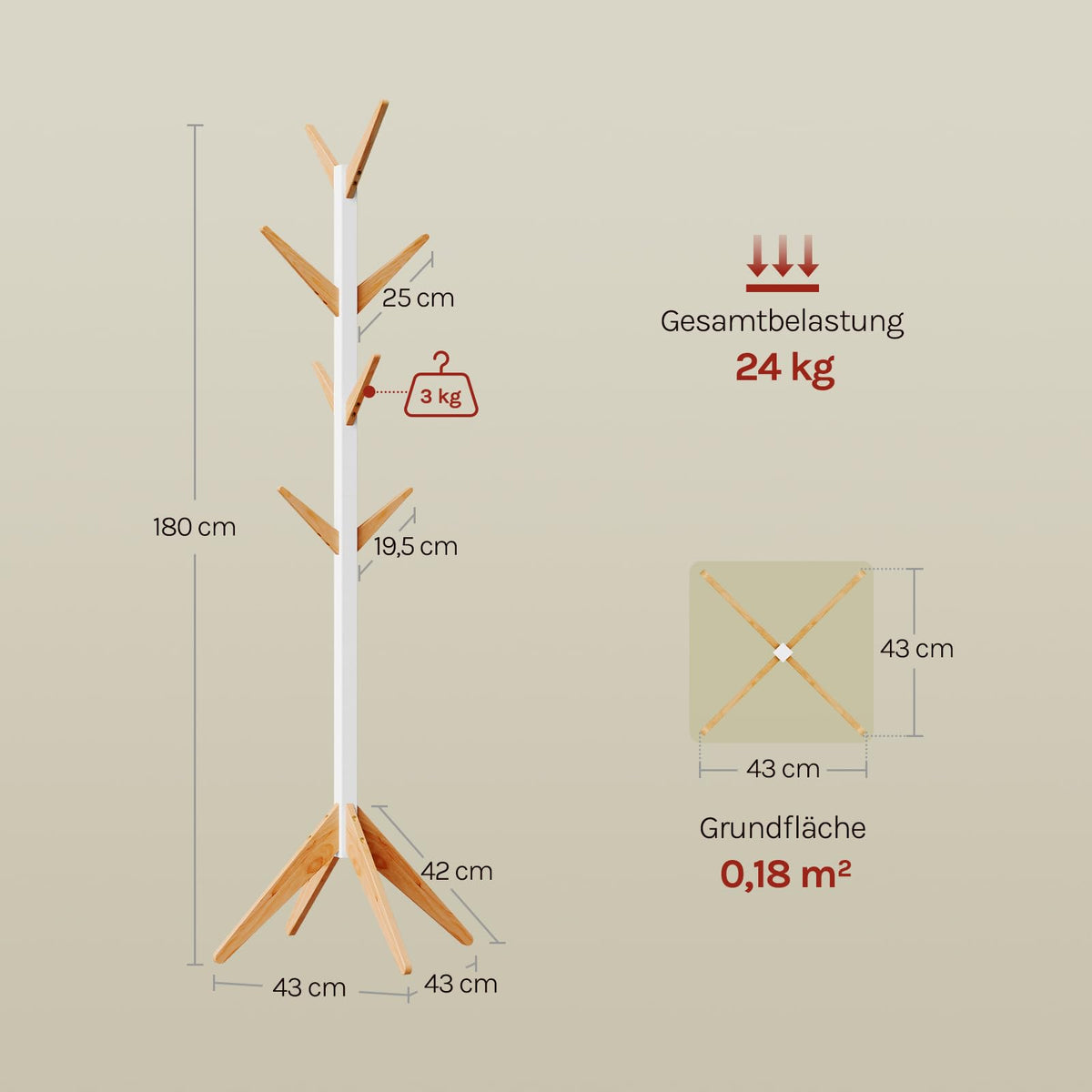 WOLTU Kleiderständer mit 8 Haken, Garderobenständer aus Massive Holz, Baumförmige Garderobe, Hängeregal Wäscheständer Gestell Aufhänger, 180 cm Höhe, Weiß + Natur
