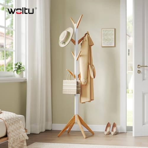 WOLTU Kleiderständer mit 8 Haken, Garderobenständer aus Massive Holz, Baumförmige Garderobe, Hängeregal Wäscheständer Gestell Aufhänger, 180 cm Höhe, Weiß + Natur