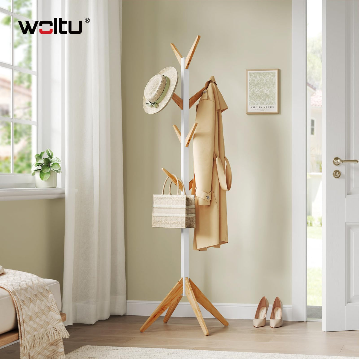 WOLTU Kleiderständer mit 8 Haken, Garderobenständer aus Massive Holz, Baumförmige Garderobe, Hängeregal Wäscheständer Gestell Aufhänger, 180 cm Höhe, Weiß + Natur