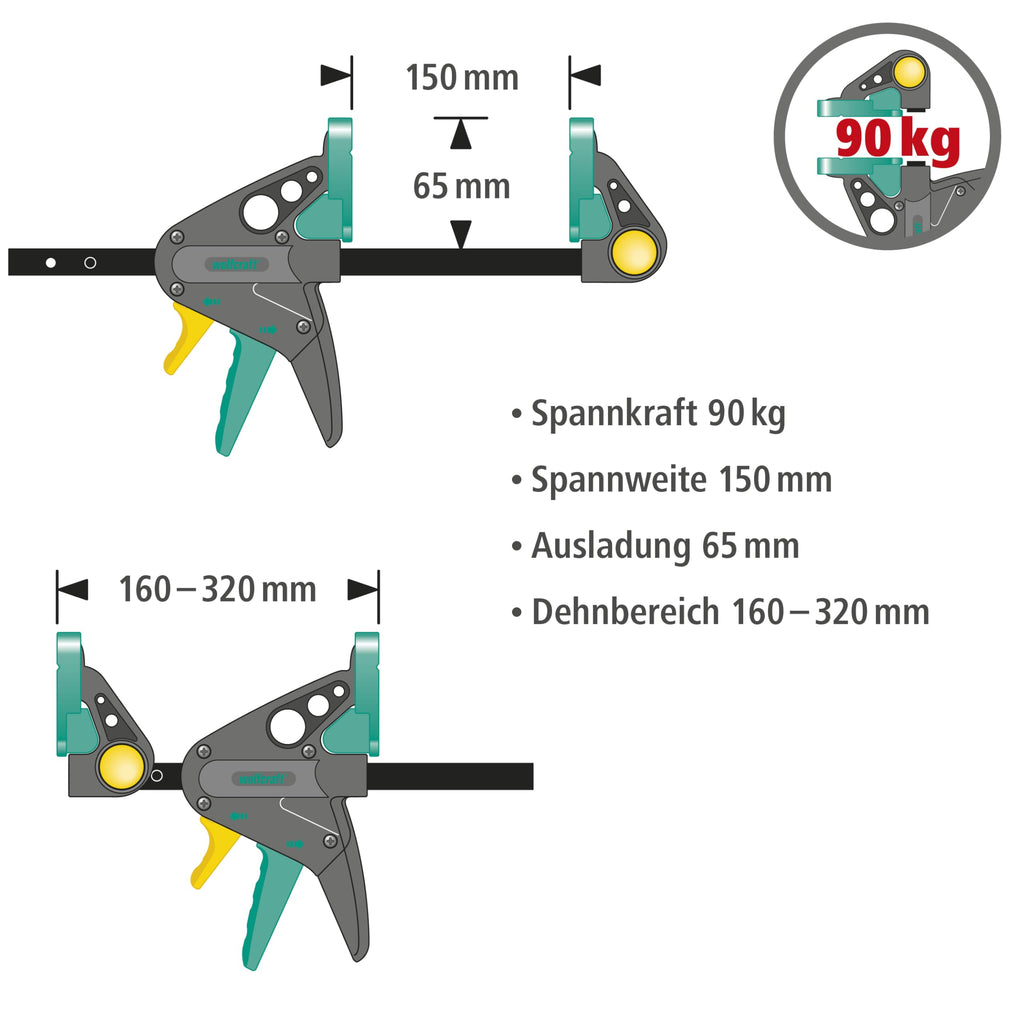 wolfcraft Einhandzwinge PRO - 90 kg Spannkraft - 150 mm Spannweite