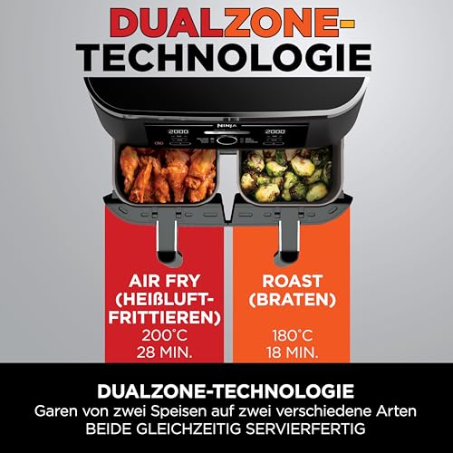 Ninja Foodi Dual Zone Digitale Heißluftfritteuse, 7,6L Airfryer, 2 Fächer