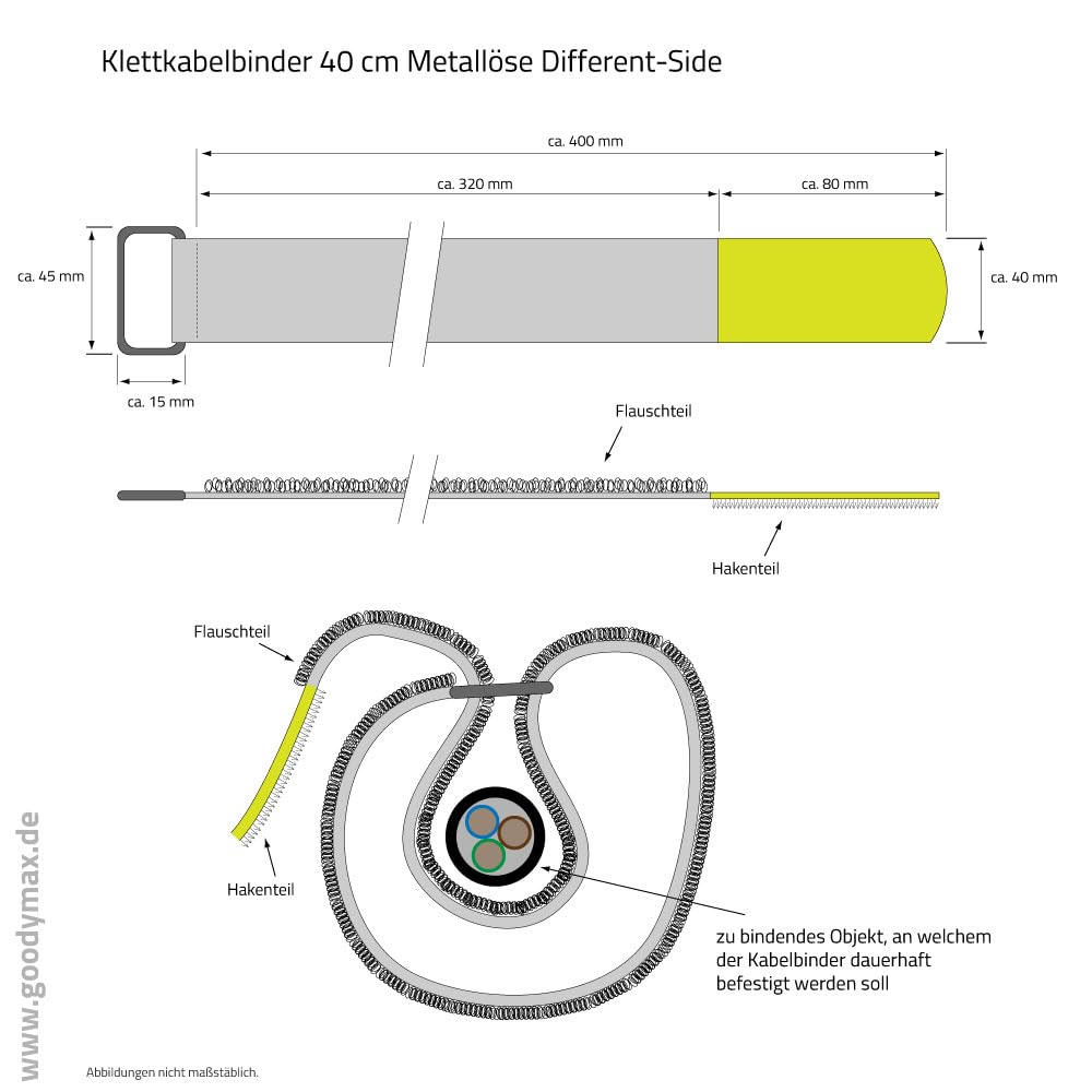 10 x Klettkabelbinder Wiederverwendbar mit Metallöse - Haken/Flausch auf Unterschiedlichen Seiten - 40 cm - Farbe: Schwarz/Neongelb - nachhaltig und wiederverwendbar