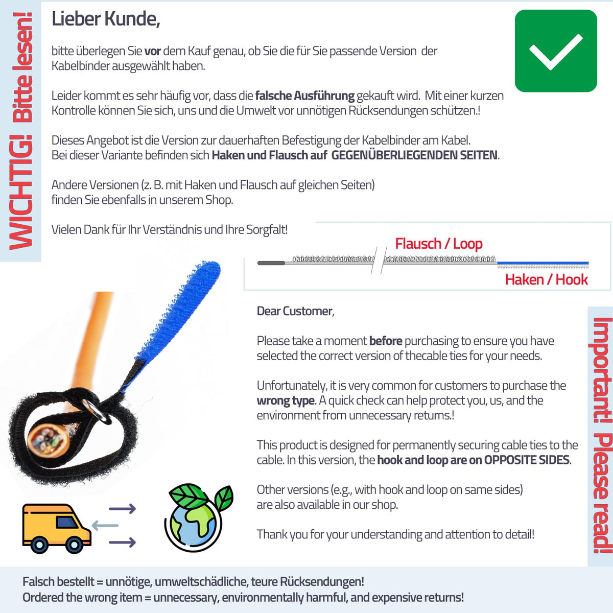 10 x Klettkabelbinder Wiederverwendbar mit Metallöse - Haken/Flausch auf Unterschiedlichen Seiten - 40 cm - Farbe: Schwarz/Neongelb - nachhaltig und wiederverwendbar