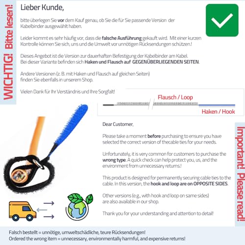 10 x Klettkabelbinder Wiederverwendbar mit Metallöse - Haken/Flausch auf Unterschiedlichen Seiten - 40 cm - Farbe: Schwarz/Neongelb - nachhaltig und wiederverwendbar