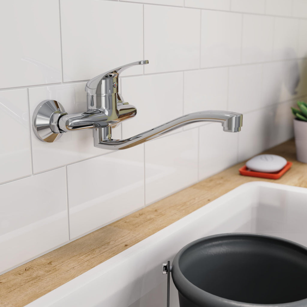 EISL NI161EUCR EUROPA Wandwasserhahn Chrom, Wand-Spültischarmatur 360°, ideal für Doppelspülbecken, Wasserhahn Wandmontage, Wandarmatur für Küche/Ausgussbecken, Mischbatterie für Wandmontage