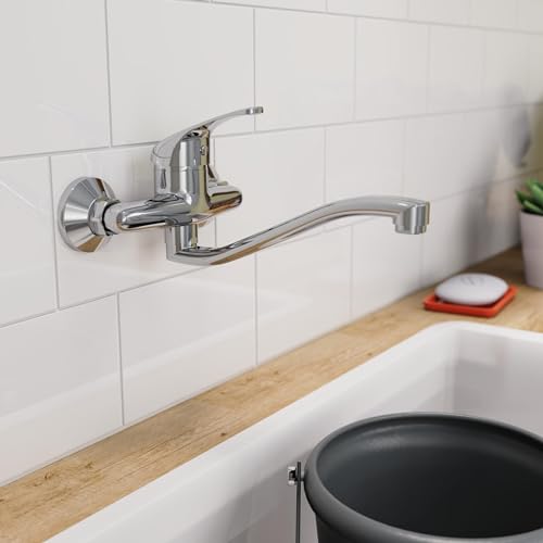 EISL NI161EUCR EUROPA Wandwasserhahn Chrom, Wand-Spültischarmatur 360°, ideal für Doppelspülbecken, Wasserhahn Wandmontage, Wandarmatur für Küche/Ausgussbecken, Mischbatterie für Wandmontage